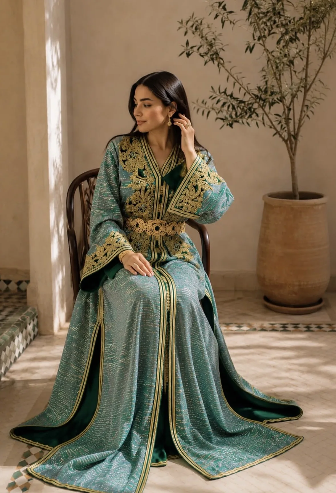 Takchita émeraude brodée main dans un patio marocain, Manoir Amiraty
