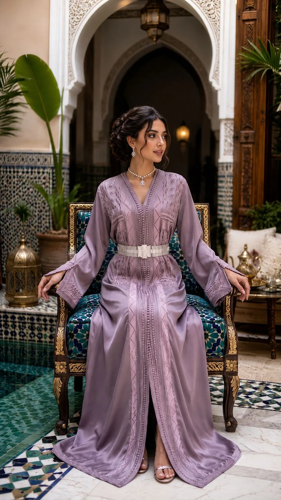 Caftan lilas assis sur un fauteuil marocain, ceinture argentée ciselée